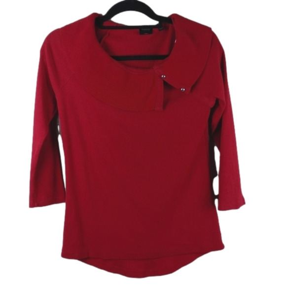 Rafaella Red Shawl Collar Long Sleeve High Low Hem Pullover Cotton Sweater Top - Picture 1 of 12